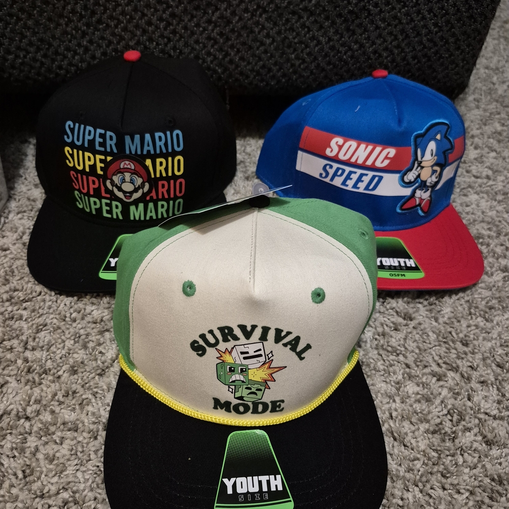 3 Youth Hats - Minecraft, Sonic, Super Mario